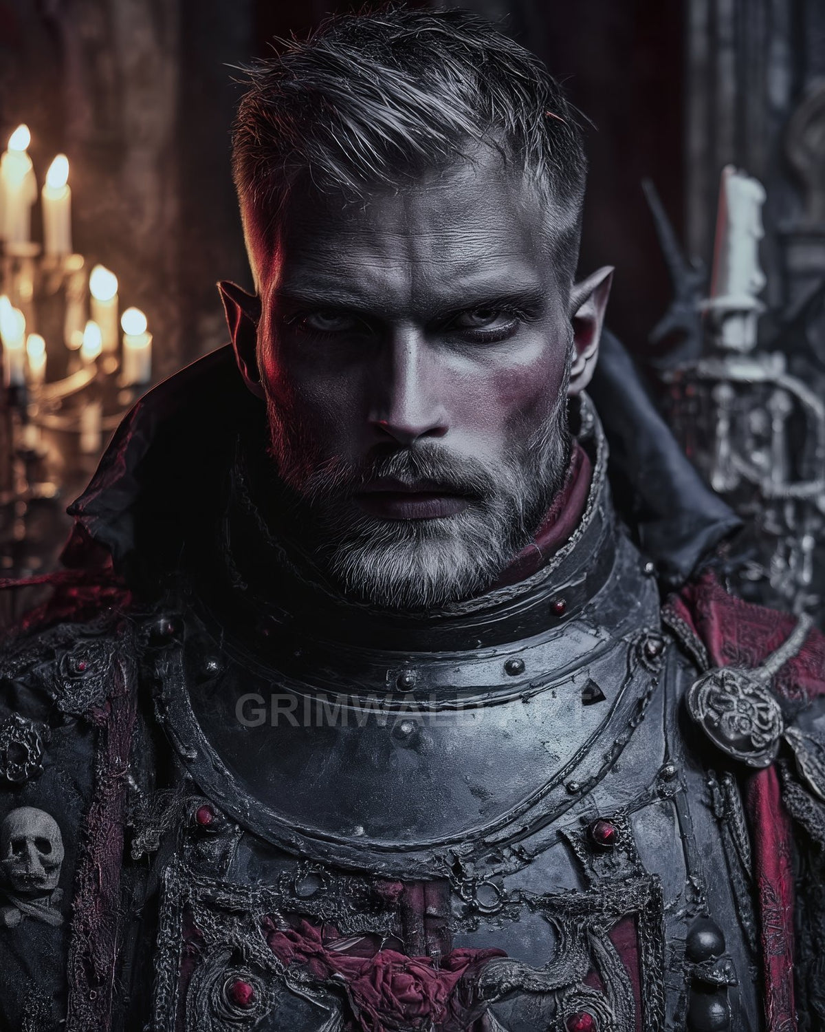 Close-up portrait of a grim male knight in black gothic armour, candlelit interior, red accents and skull motifs, intense stare and silver beard.