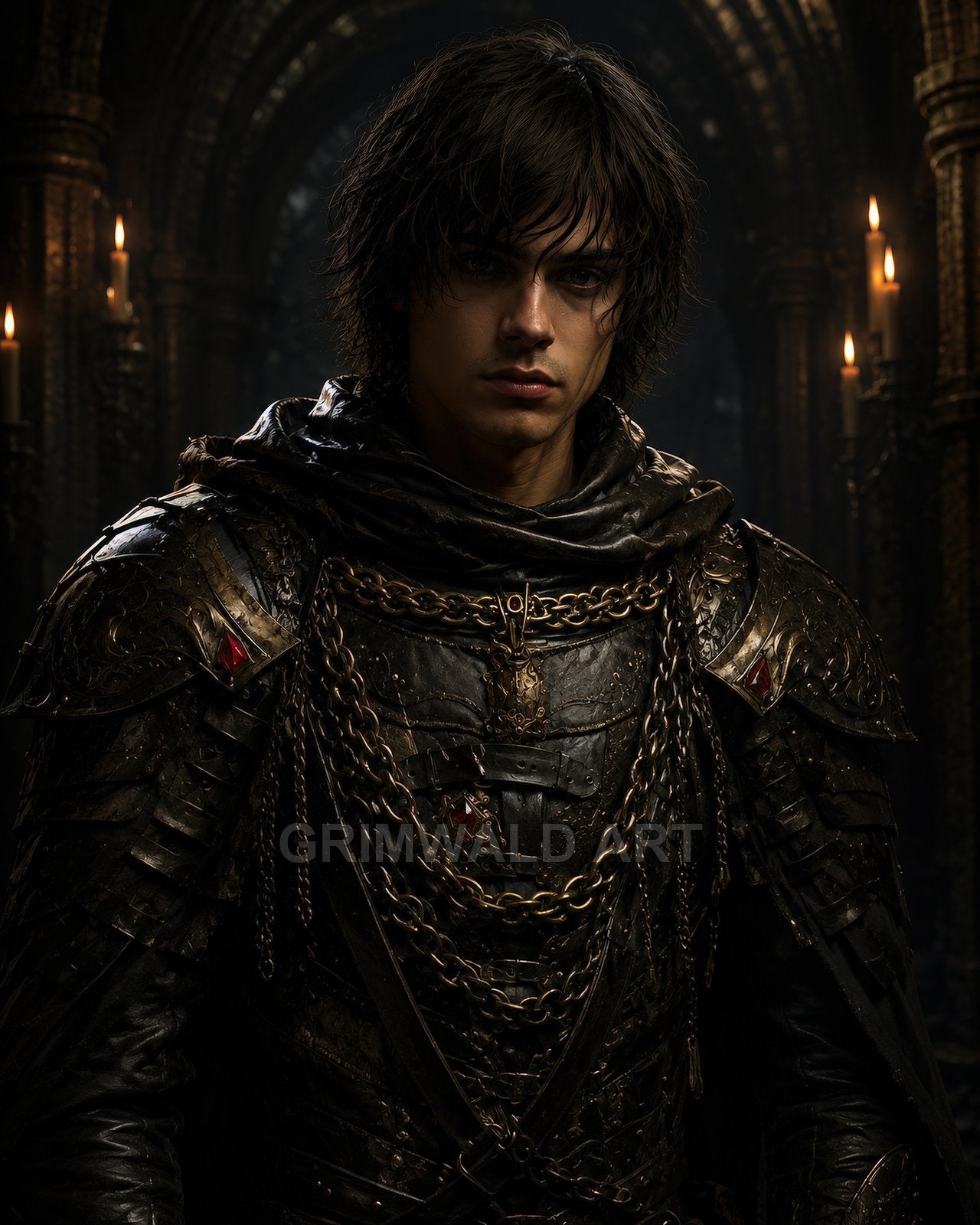 Brooding young male knight in dark chain-draped armour stands in a candlelit gothic cathedral, warm firelight highlighting ornate metal and sombre expression.