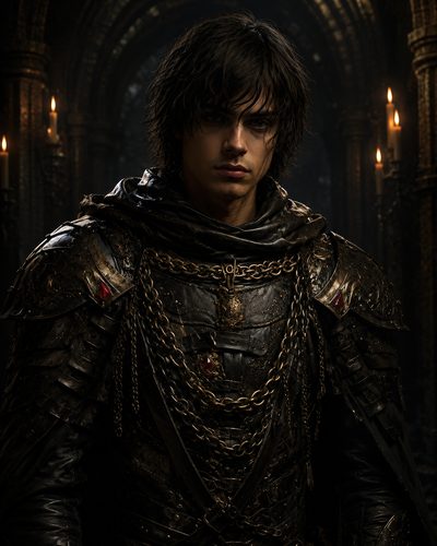 GRID THUMBNAIL — Brooding young male knight in dark chain-draped armour stands in a candlelit gothic cathedral, warm firelight highlighting ornate metal and sombre expression.