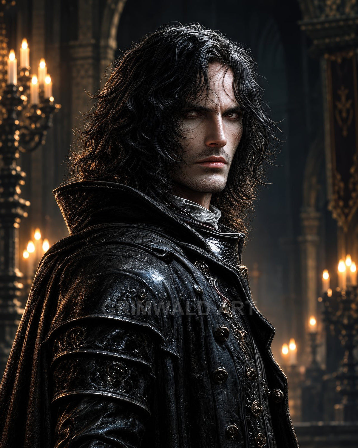A pale, dark-haired man in an ornate black leather coat stands in a candlelit gothic cathedral, gazing intensely with dramatic firelit highlights.