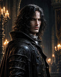 GRID THUMBNAIL — A pale, dark-haired man in an ornate black leather coat stands in a candlelit gothic cathedral, gazing intensely with dramatic firelit highlights.