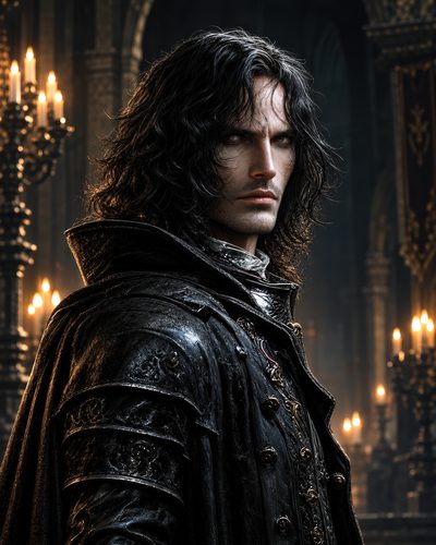 GRID THUMBNAIL — A pale, dark-haired man in an ornate black leather coat stands in a candlelit gothic cathedral, gazing intensely with dramatic firelit highlights.