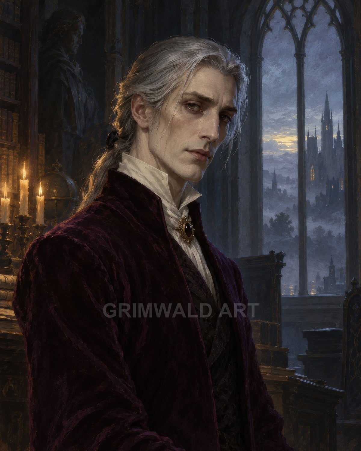 Pale, silver-haired nobleman in dark velvet robe stands in a candlelit library before gothic windows, distant castle silhouetted at twilight.