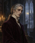 GRID THUMBNAIL — Pale, silver-haired nobleman in dark velvet robe stands in a candlelit library before gothic windows, distant castle silhouetted at twilight.