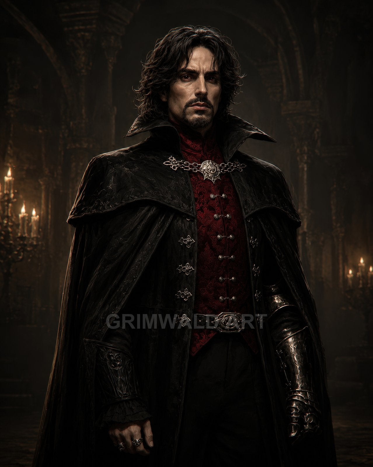 Gothic nobleman in black cloak and red waistcoat stands in a candlelit cathedral interior, ornate metal bracer and chain clasp visible.