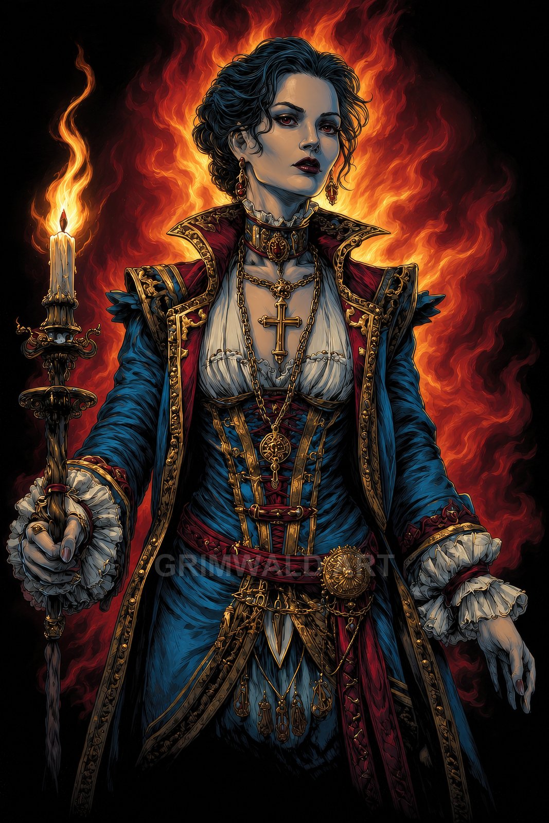 Gothic noblewoman in ornate blue and gold attire holds a burning candle, framed by roaring flames against black, wearing crucifix jewellery and a red-lined coat.