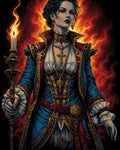 GRID THUMBNAIL — Gothic noblewoman in ornate blue and gold attire holds a burning candle, framed by roaring flames against black, wearing crucifix jewellery and a red-lined coat.