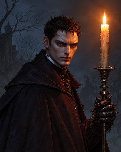 GRID THUMBNAIL — Candlelit portrait of a stern male priest in a dark cloak and spiked gauntlet, holding an ornate brass candlestick before a shadowy cathedral.