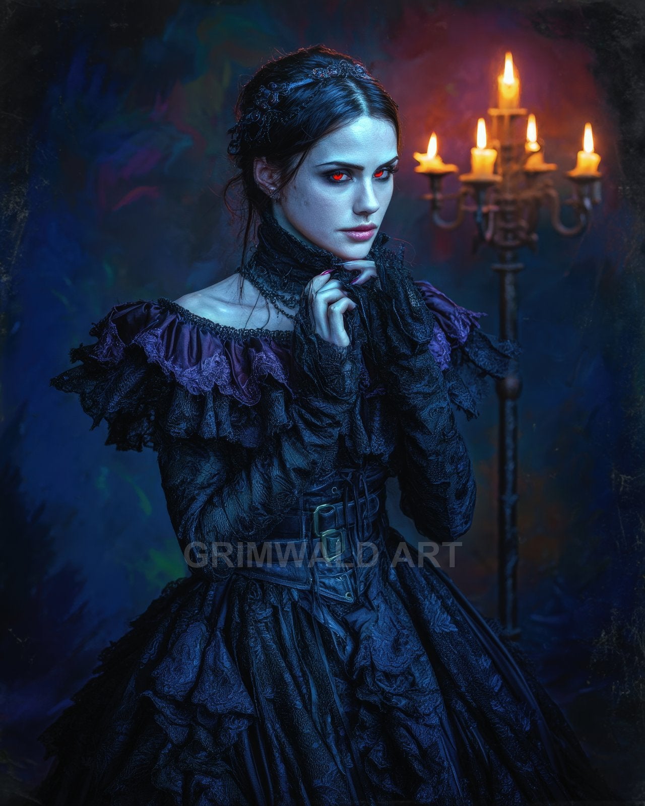 Pale female vampire with glowing red eyes in ornate black Victorian dress, posed by a burning candelabrum against a moody blue, gothic interior.