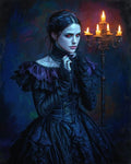 GRID THUMBNAIL — Pale female vampire with glowing red eyes in ornate black Victorian dress, posed by a burning candelabrum against a moody blue, gothic interior.