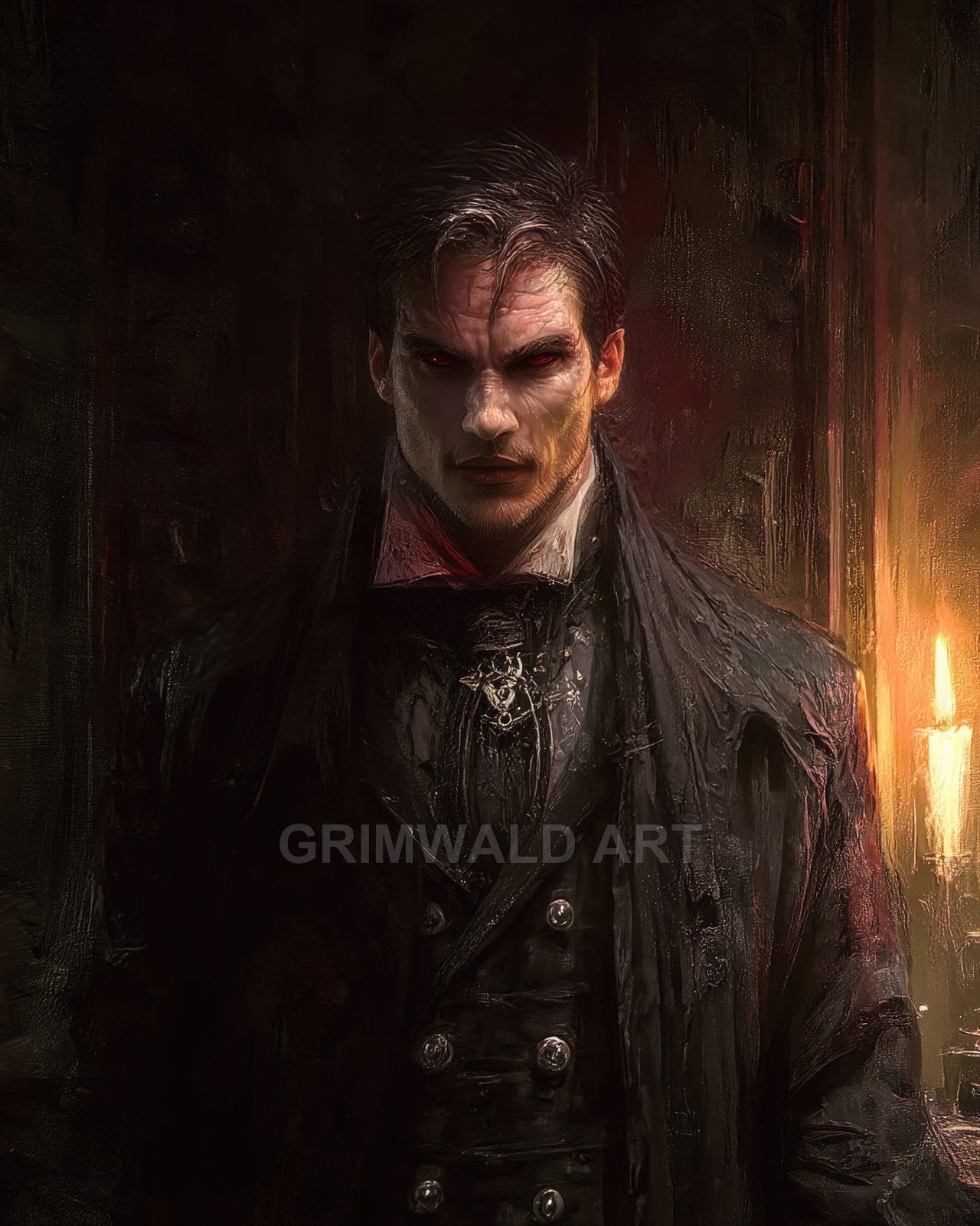 Pale male vampire with red eyes in a black Victorian coat stands in a dark interior beside a single candle, lit by warm firelight.