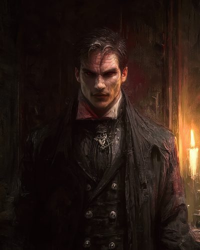 GRID THUMBNAIL — Pale male vampire with red eyes in a black Victorian coat stands in a dark interior beside a single candle, lit by warm firelight.