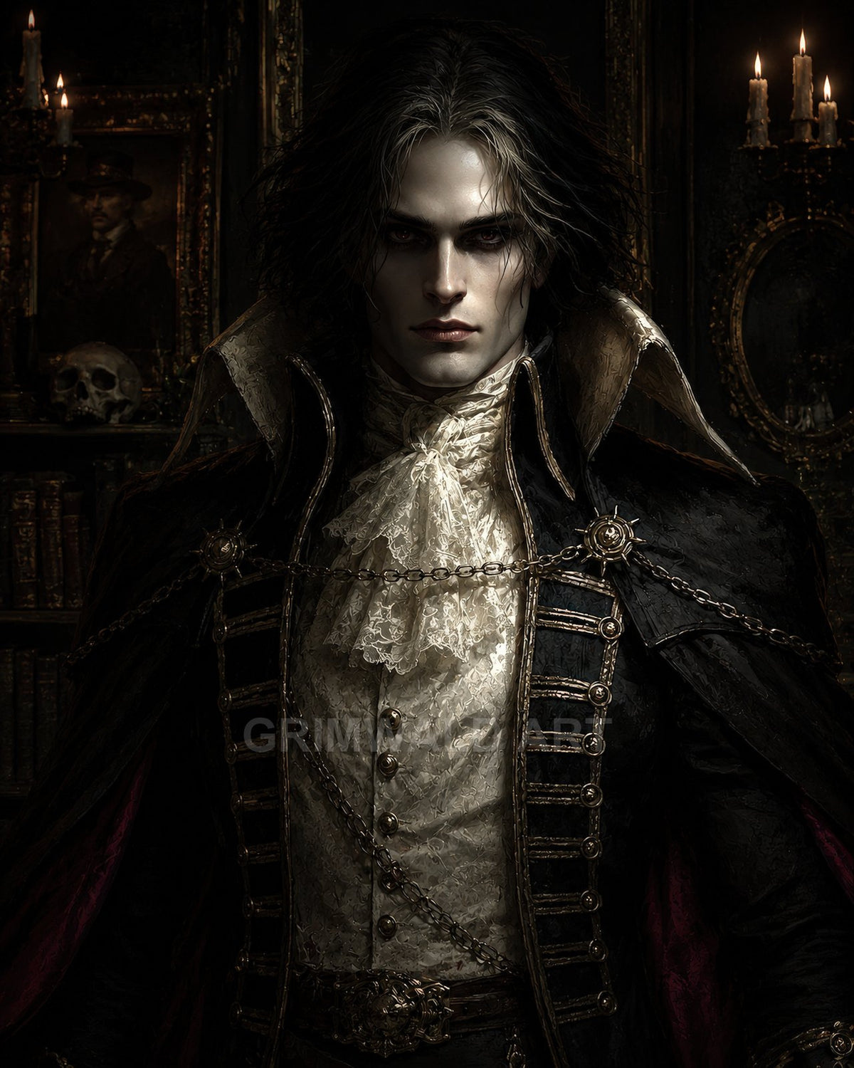 Pale, red-eyed vampire noble in ornate black cloak and lace cravat stands in a candlelit library, skull and portrait behind.