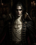 GRID THUMBNAIL — Pale, red-eyed vampire noble in ornate black cloak and lace cravat stands in a candlelit library, skull and portrait behind.