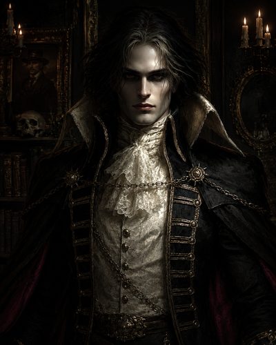 GRID THUMBNAIL — Pale, red-eyed vampire noble in ornate black cloak and lace cravat stands in a candlelit library, skull and portrait behind.