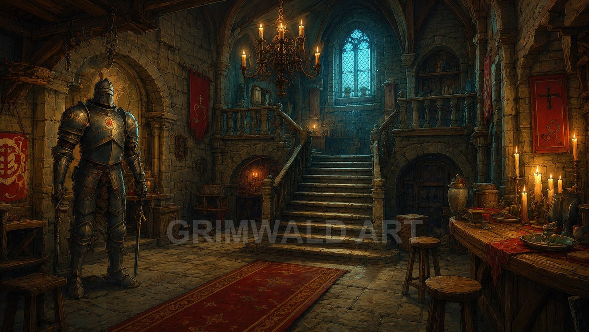 Candlelit medieval castle hall with a grand stone staircase, suit of armour, red banners, feast table and chandelier under an arched window.