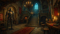 GRID THUMBNAIL — Candlelit medieval castle hall with a grand stone staircase, suit of armour, red banners, feast table and chandelier under an arched window.