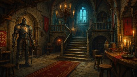 GRID THUMBNAIL — Candlelit medieval castle hall with a grand stone staircase, suit of armour, red banners, feast table and chandelier under an arched window.