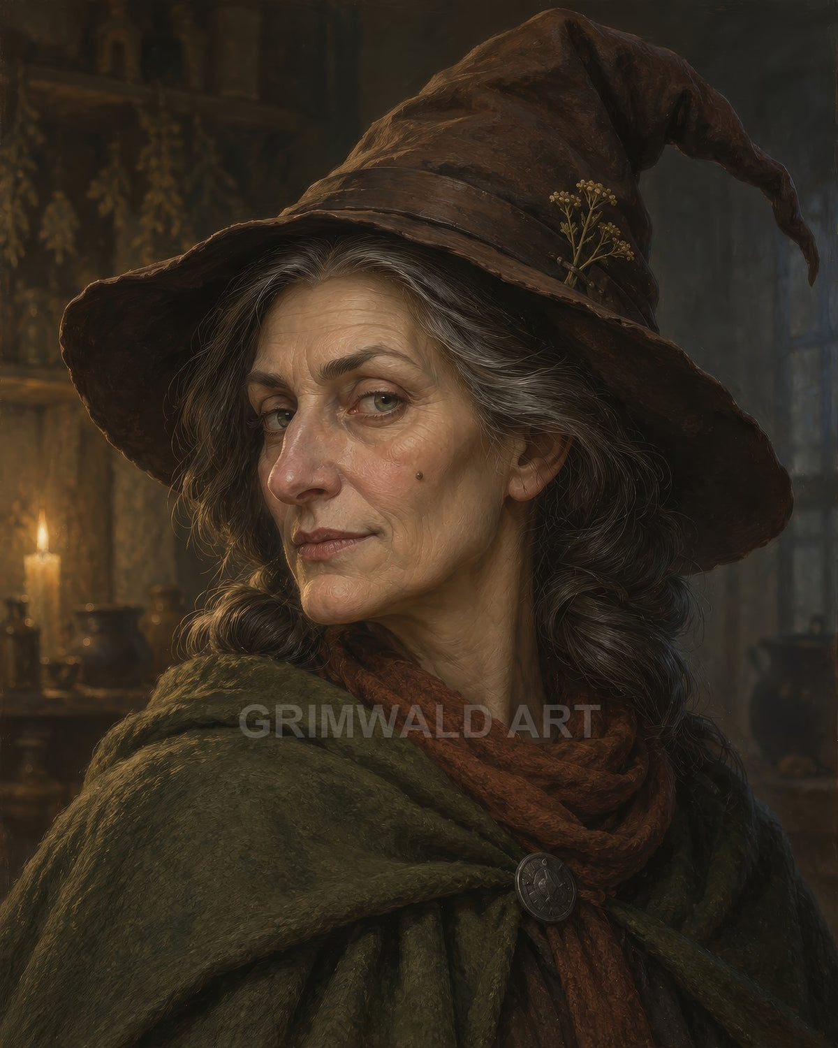 Portrait of an older woman wearing a pointed witch hat and green cloak in a candlelit rustic interior with herbs and pottery behind her.