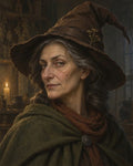 GRID THUMBNAIL — Portrait of an older woman wearing a pointed witch hat and green cloak in a candlelit rustic interior with herbs and pottery behind her.
