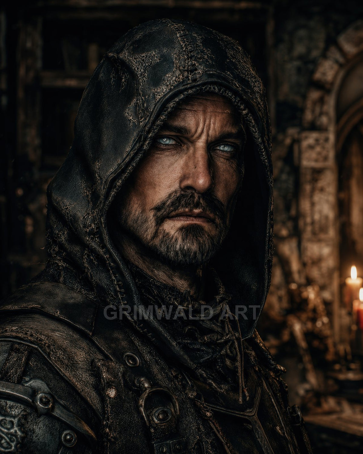 Close portrait of a hooded man in worn leather armour lit by candles, pale eyes staring intensely amid a dark, stone interior.