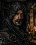 GRID THUMBNAIL — Close portrait of a hooded man in worn leather armour lit by candles, pale eyes staring intensely amid a dark, stone interior.