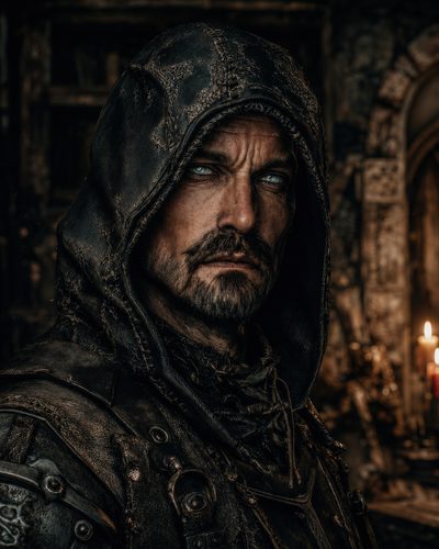 GRID THUMBNAIL — Close portrait of a hooded man in worn leather armour lit by candles, pale eyes staring intensely amid a dark, stone interior.