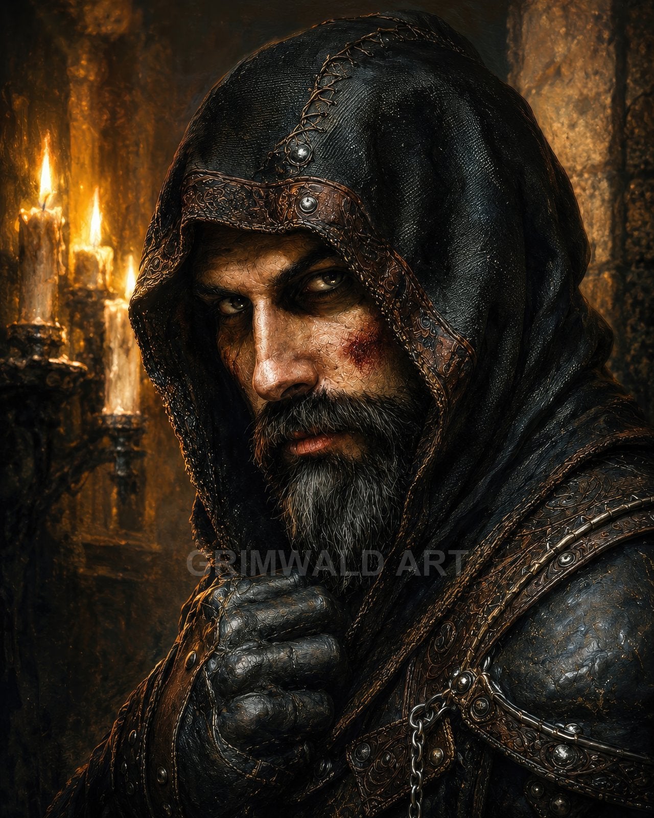 Bearded man in a hooded leather cloak and gloves, scarred cheek, intense gaze, candles burning behind him in a dim stone interior.
