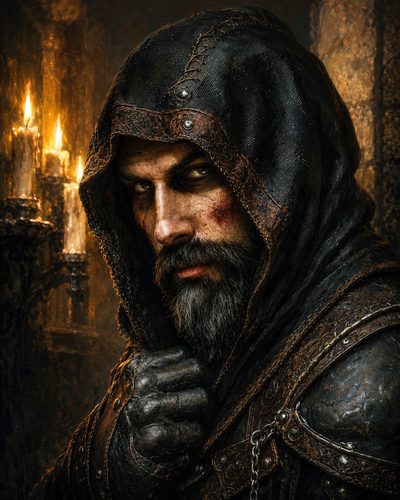 GRID THUMBNAIL — Bearded man in a hooded leather cloak and gloves, scarred cheek, intense gaze, candles burning behind him in a dim stone interior.
