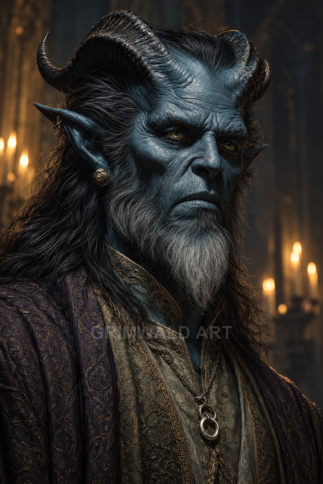 Blue-skinned, horned demon with golden eyes and white beard, wearing ornate brocade robes and pendant, posed in a candlelit cathedral interior.