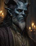 GRID THUMBNAIL — Blue-skinned, horned demon with golden eyes and white beard, wearing ornate brocade robes and pendant, posed in a candlelit cathedral interior.