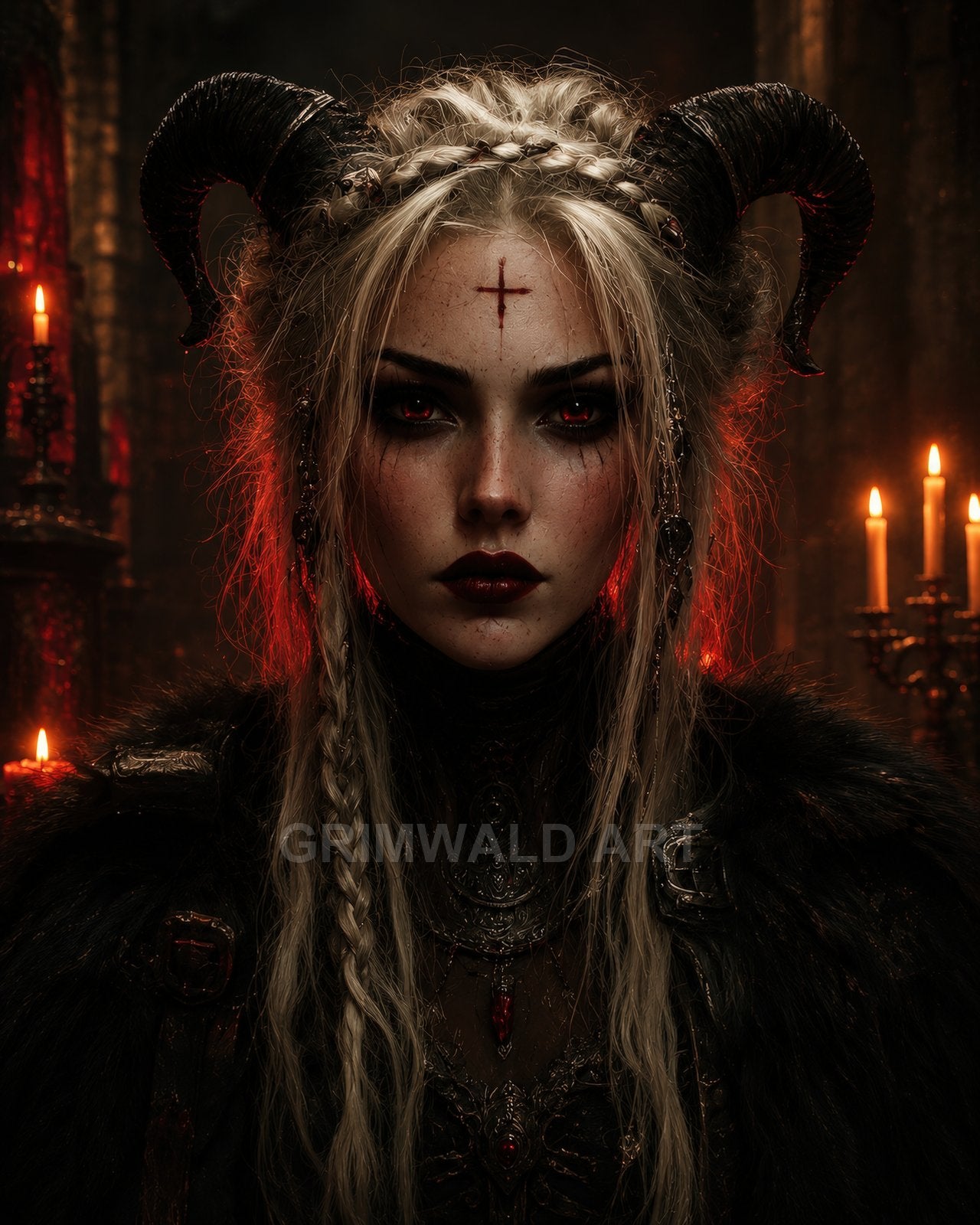 Portrait of a horned female demon with red eyes, braided blonde hair and ritual markings, in a firelit gothic cathedral with candles.