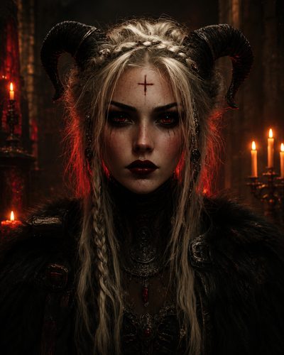 GRID THUMBNAIL — Portrait of a horned female demon with red eyes, braided blonde hair and ritual markings, in a firelit gothic cathedral with candles.