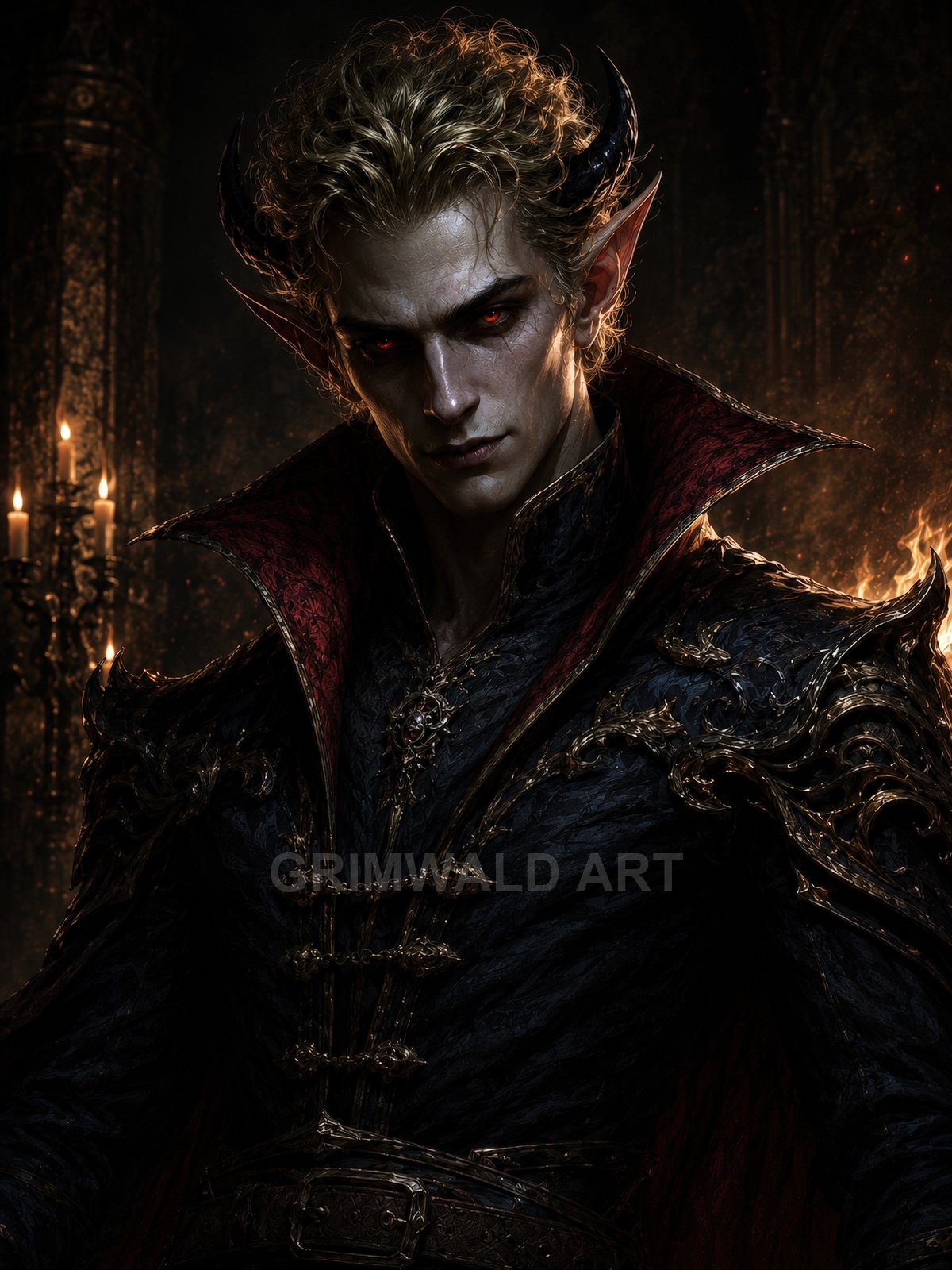 Horned male demon with red eyes and ornate black-and-crimson finery, staring intensely in a firelit castle interior with Gothic candles and filigree.