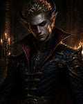 GRID THUMBNAIL — Horned male demon with red eyes and ornate black-and-crimson finery, staring intensely in a firelit castle interior with Gothic candles and filigree.