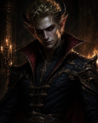 GRID THUMBNAIL — Horned male demon with red eyes and ornate black-and-crimson finery, staring intensely in a firelit castle interior with Gothic candles and filigree.
