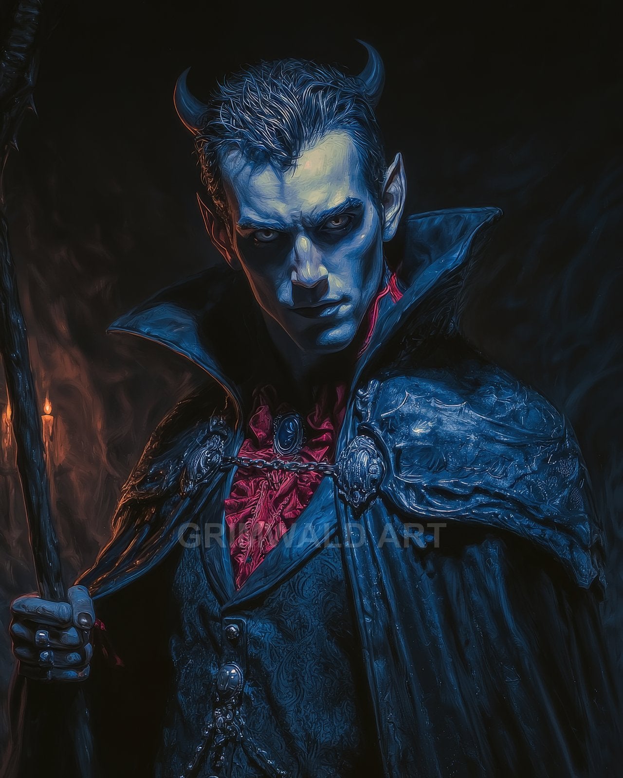 Horned, blue-skinned demon warlock in a high-collared cloak holds a staff, candlelight flickering behind him against a shadowy interior, blue highlights and red brocade.