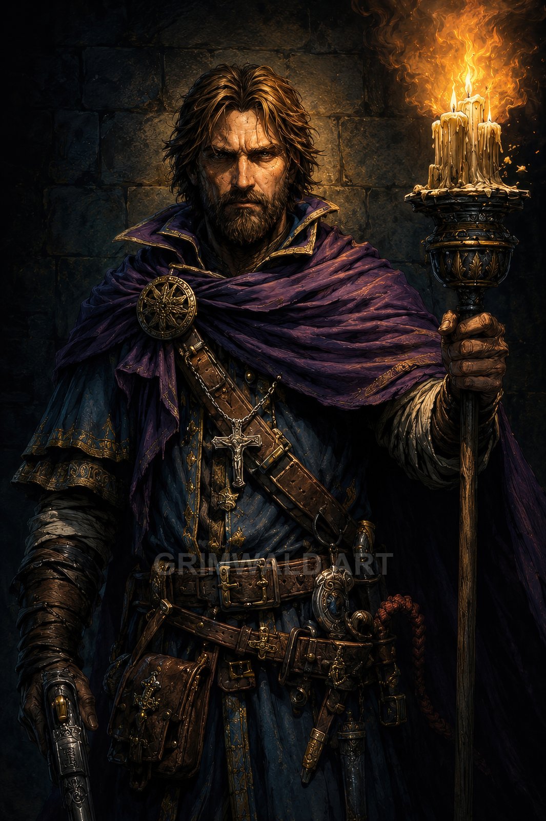 Bearded human cleric in a purple cloak holds a candlelit staff, belts and pouches across his chest, pistol holstered, before a dark stone wall.