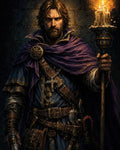 GRID THUMBNAIL — Bearded human cleric in a purple cloak holds a candlelit staff, belts and pouches across his chest, pistol holstered, before a dark stone wall.