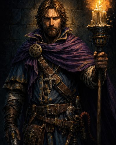 GRID THUMBNAIL — Bearded human cleric in a purple cloak holds a candlelit staff, belts and pouches across his chest, pistol holstered, before a dark stone wall.