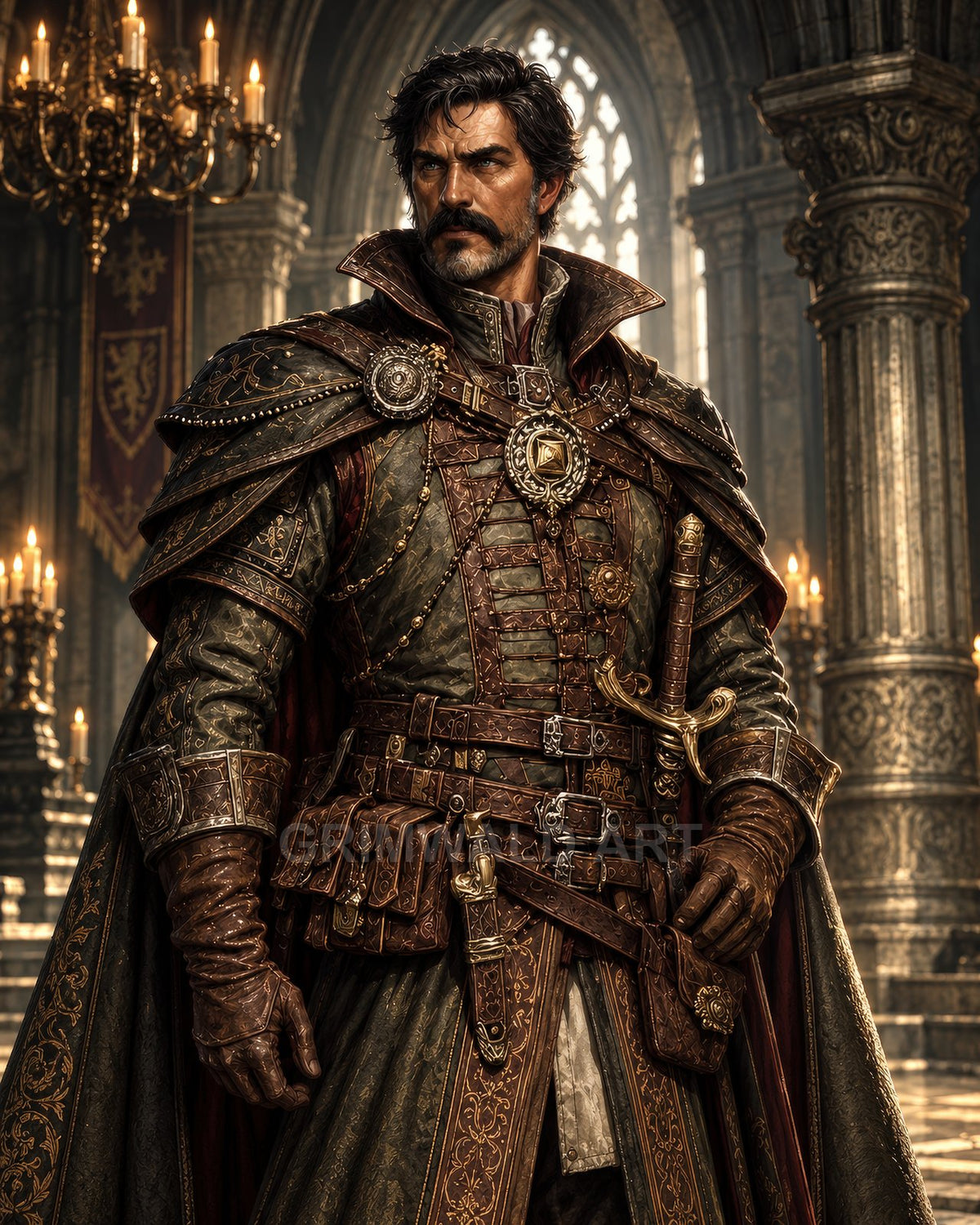 Armoured male knight with cloak stands in a candlelit castle hall, ornate leather and metal gear, sword at hip, chandeliers and heraldic banners behind.