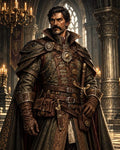 GRID THUMBNAIL — Armoured male knight with cloak stands in a candlelit castle hall, ornate leather and metal gear, sword at hip, chandeliers and heraldic banners behind.