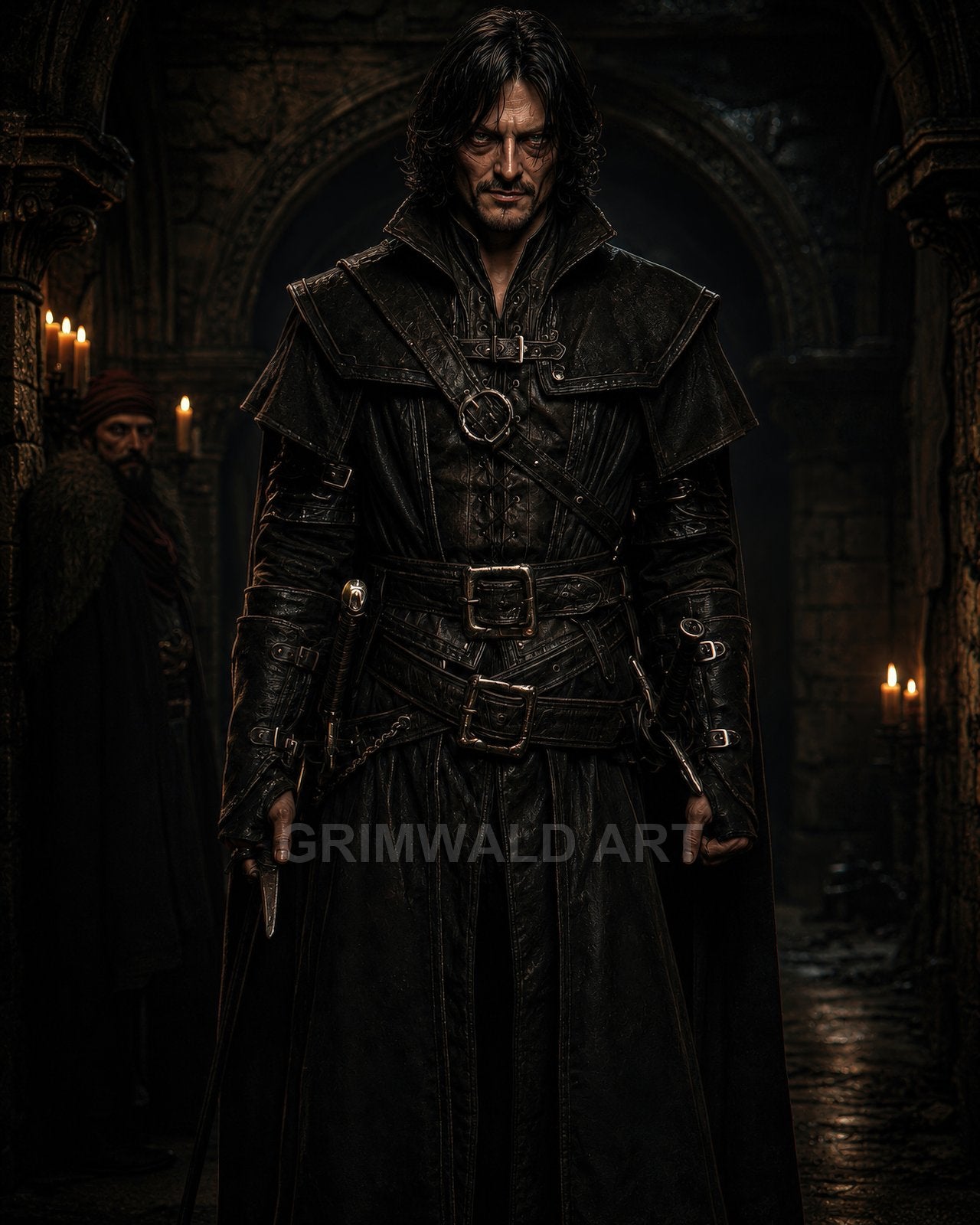 A grim, dagger-wielding man in black leather armour stands in a candlelit stone corridor, exuding menace, with another figure watching from shadow.