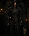 GRID THUMBNAIL — A grim, dagger-wielding man in black leather armour stands in a candlelit stone corridor, exuding menace, with another figure watching from shadow.