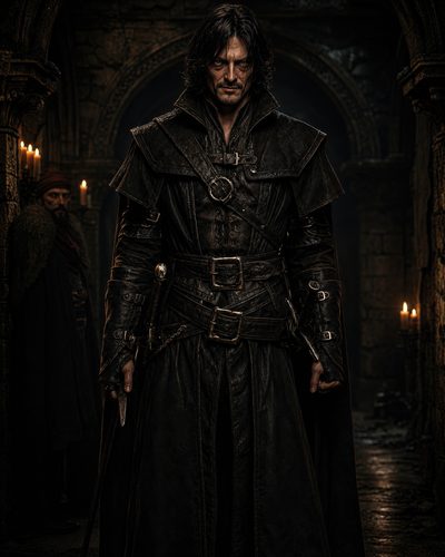 GRID THUMBNAIL — A grim, dagger-wielding man in black leather armour stands in a candlelit stone corridor, exuding menace, with another figure watching from shadow.