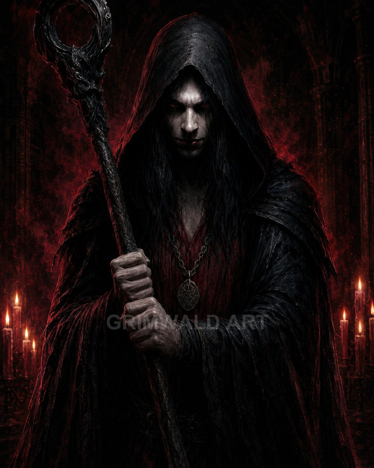 Hooded necromancer holding a staff stands in a firelit cathedral, red smoke and candles surrounding his dark robes and pendant.
