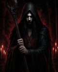 GRID THUMBNAIL — Hooded necromancer holding a staff stands in a firelit cathedral, red smoke and candles surrounding his dark robes and pendant.