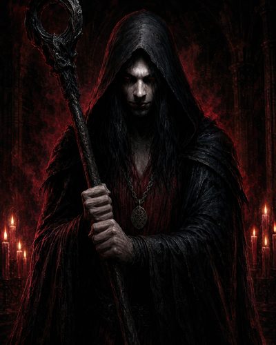 GRID THUMBNAIL — Hooded necromancer holding a staff stands in a firelit cathedral, red smoke and candles surrounding his dark robes and pendant.