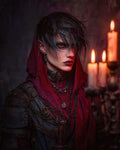 GRID THUMBNAIL — Candlelit portrait of an androgynous elf with red eyes, crimson hood and dark armour, standing beside burning candles in a shadowy interior.