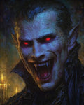 GRID THUMBNAIL — Close-up portrait of a sinister vampire with glowing red eyes and sharp fangs, blue-tinged skin, candlelit interior background, gothic dark fantasy style.